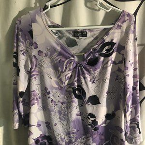Women Purple and White flower design Medium Long sleeves Blouse